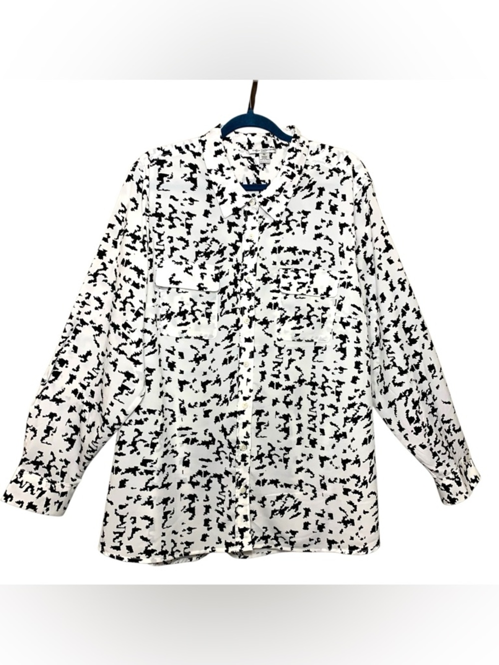 Dalia Collection Black White Button-Up Blouse Sz 3X Abstract Print Long Sleeves